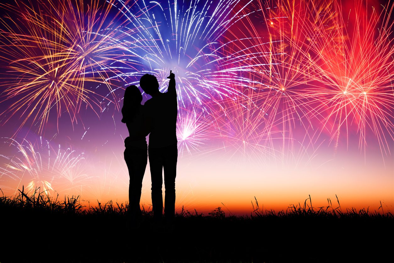 Romantic couple watching fireworks together at night, symbolizing the excitement of new love. A romantic couple stands close while watching fireworks light up the sky — capturing the thrill of early chemistry in dating and the emotional highs that often define the start of a relationship.